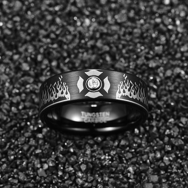 Fire Flames Fireman Tungsten Black Ring