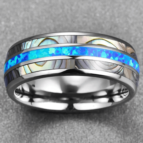 Blue Opal & Abalone Shell Silver Tungsten Ring