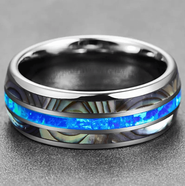 Blue Opal & Abalone Shell Silver Tungsten Ring