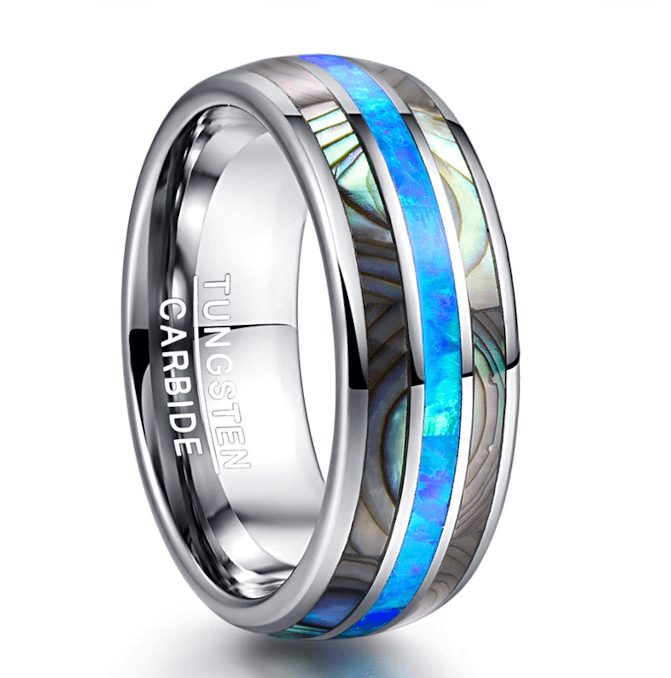 8mm Luxury Fire Opal & Abalone Shell Inlay Silver Tungsten Unisex Ring