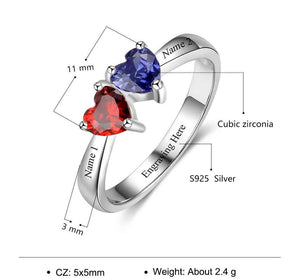 Double Heart 925 Sterling Silver + 2 Heart Birthstones & 3 Engravings - Promise Rings