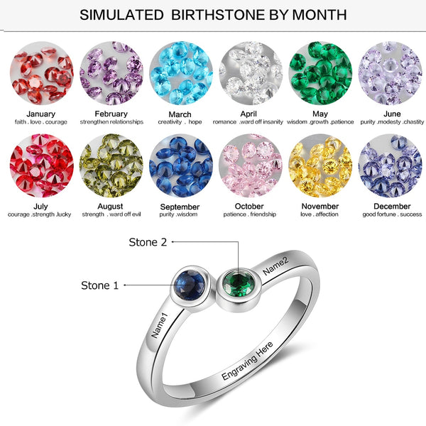 Promise Ring For Her - Personalized Two Birthstones 925 Sterling Silver Womens Ring