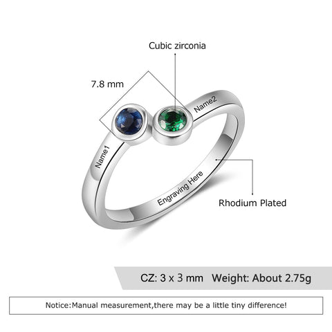 Promise Ring For Her - Personalized Two Birthstones 925 Sterling Silver Womens Ring