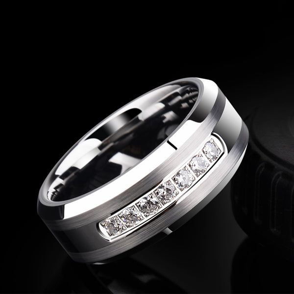 8mm Cubic Zirconias Silver Tungsten Mens Ring