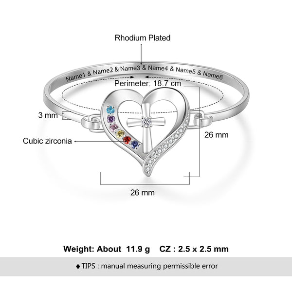 Personalized Christian Cross Heart 6 Birthstones Bracelet