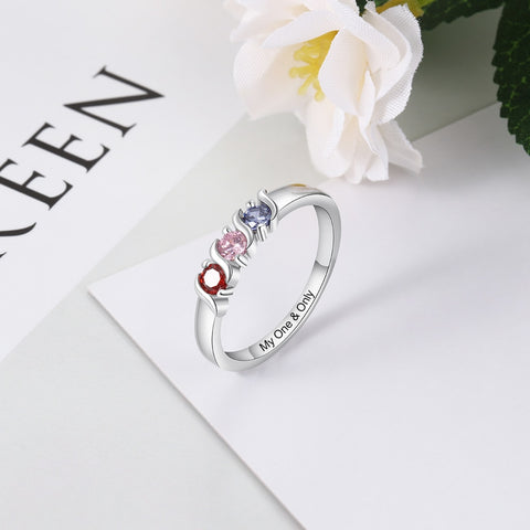 Promise ring for her - 3 custom birthstones & personalized engraving ring gift