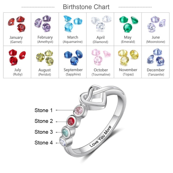 Personalized Birthstones Infinity Heart Knot Womens Ring