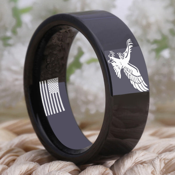 Patriotic American Eagle With USA Flag Tungsten Black Unisex Ring