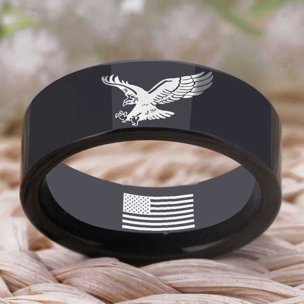 Patriotic American Eagle With USA Flag Tungsten Black Unisex Ring