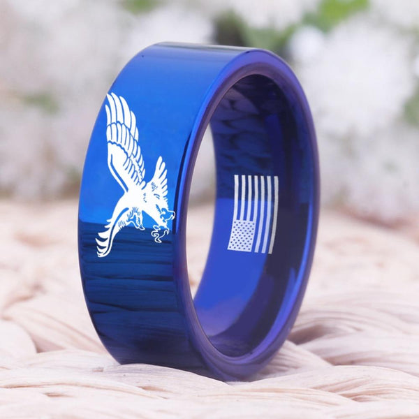 Patriotic American Eagle With USA Flag Tungsten Blue Unisex Ring