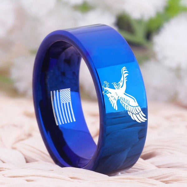 Patriotic American Eagle With USA Flag Tungsten Blue Unisex Ring