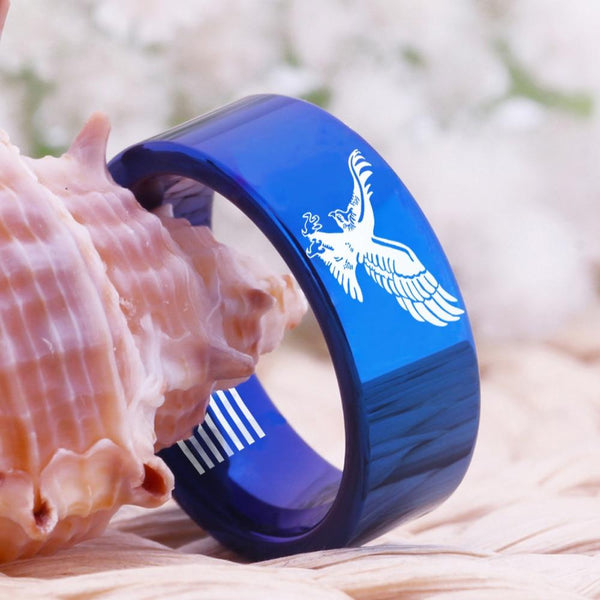 Patriotic American Eagle With USA Flag Tungsten Blue Unisex Ring