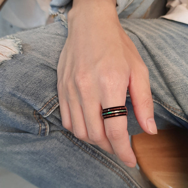 8mm shell, wood and Tungsten mens ring