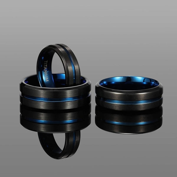 8mm Black & Blue Centre Groove Matte Titanium Unisex Rings