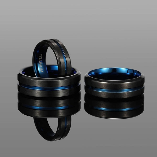 6mm Black & Blue Centre Groove Matte Titanium Unisex Rings