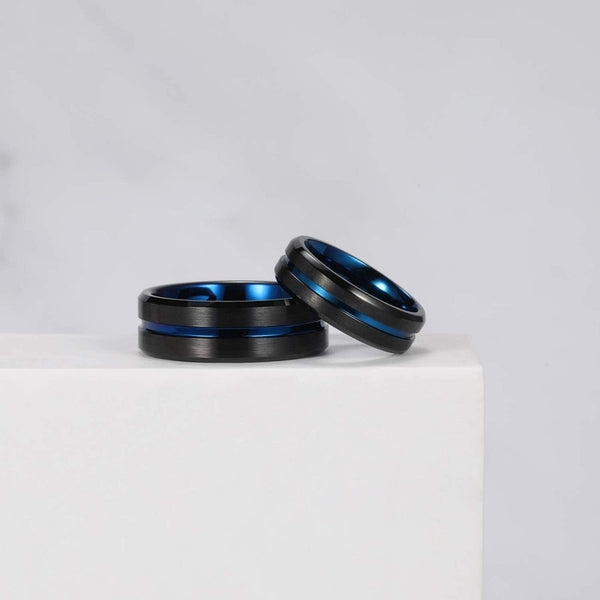 8mm Black & Blue Centre Groove Matte Titanium Unisex Rings