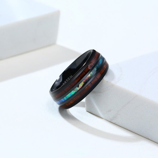 8mm shell, wood and Tungsten black mens ring