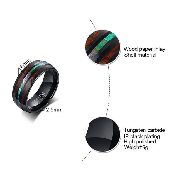 8mm shell, wood and Tungsten black mens ring