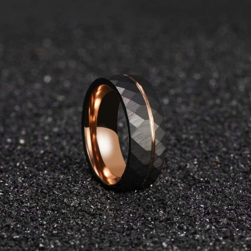 6mm/8mm Rose Gold & Black Hammered Tungsten Ring