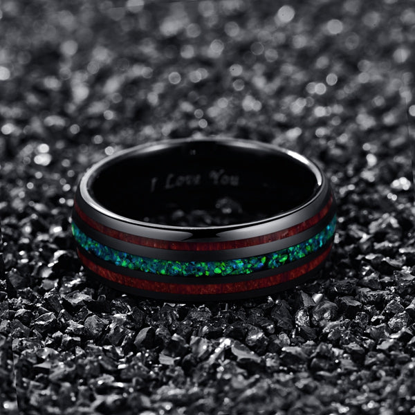 Natural Acacia Wood & Green Opal Tungsten Ring