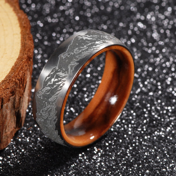 Mountains Hiking Olive Wood Unisex Ring