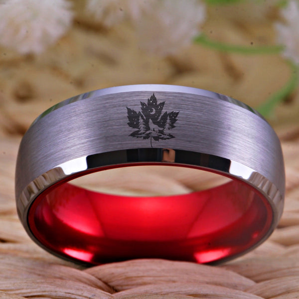 Canada Maple Leaf, Howling Wolf Moon & Stars Tungsten Ring