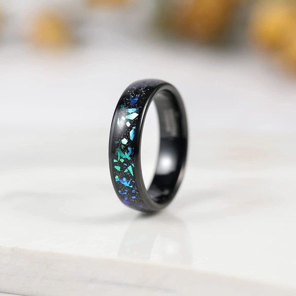 Galaxy Green Blue Opal & Black Unisex Tungsten Ring