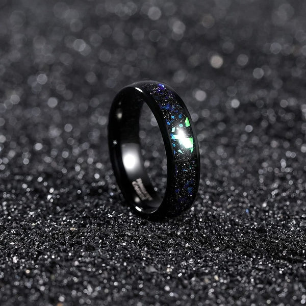 Galaxy Green Blue Opal & Black Unisex Tungsten Ring