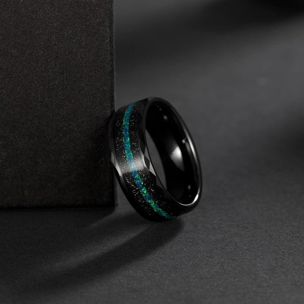 Opal and black mens tungsten ring for him