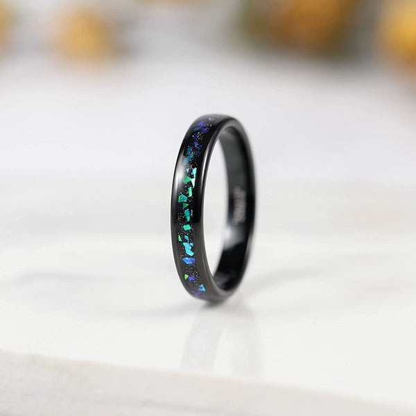 Galaxy Green Blue Opal & Black Unisex Tungsten Ring