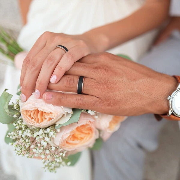 Sandstone Black & Rose Gold Couples Wedding Rings