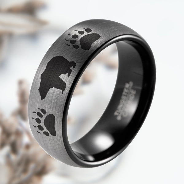 Grizzly Bear & Paw Print Animal Tungsten Ring