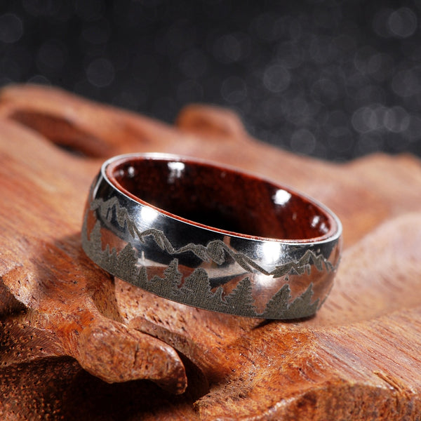 Forest & Mountains Wilderness Barrel Wood Ring