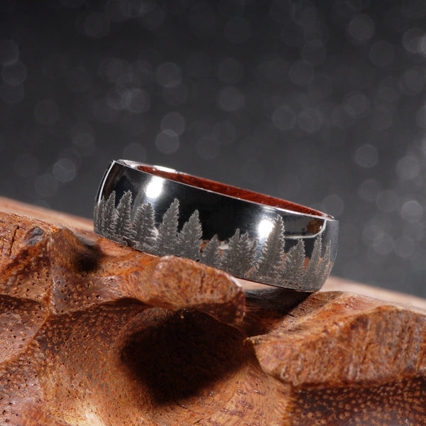 Forest Trees Silver Titanium Rosewood Ring