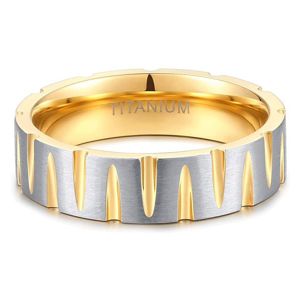 Unique Asymmetric Slanted Wheel Pattern Titanium Gold Ring