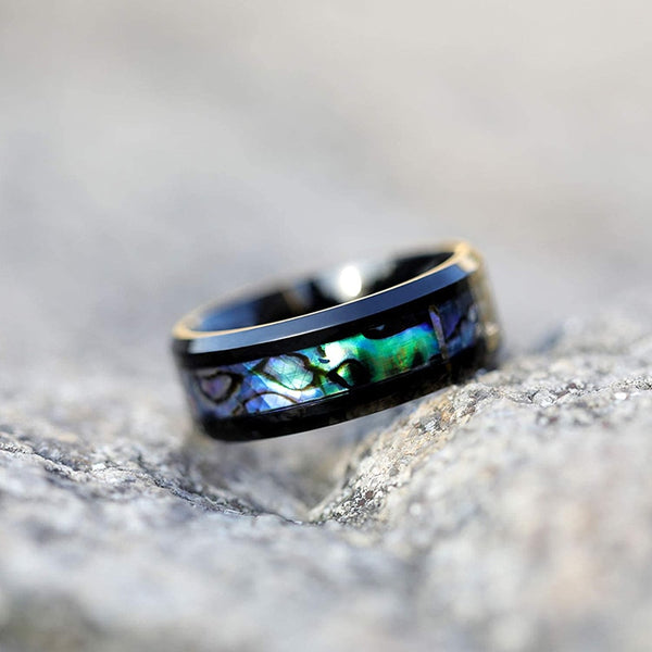Abalone Shell Inlay Black Titanium Unisex Ring