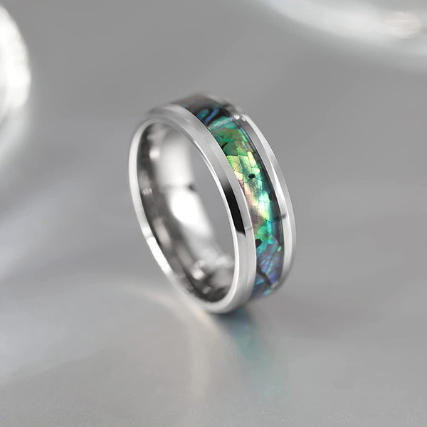 Abalone Shell Inlay Silver Titanium Unisex Ring