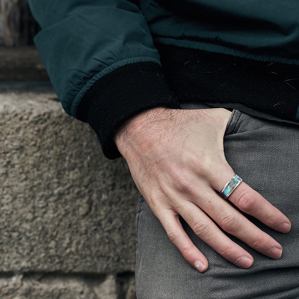 Abalone Shell Inlay Silver Titanium Mens Ring