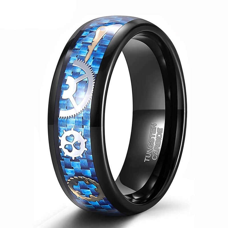 8mm Steampunk Gear Inlay Blue Carbon Fibre Unisex Ring - Promise Rings