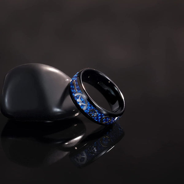 Blue Steampunk Mechanical Gears Tungsten Ring