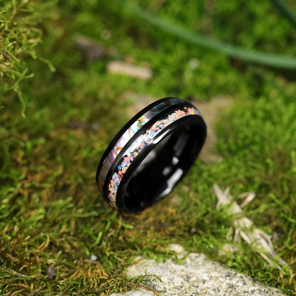 Opal & Abalone Shell Black Tungsten Men's Ring