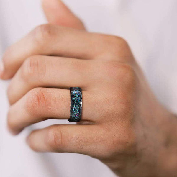 8mm Multi-Colors Opal Inlay Black Mens Rings