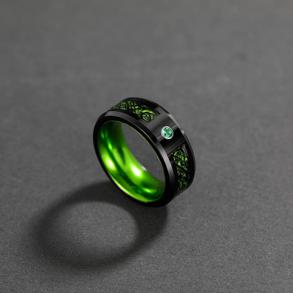 Green Cubic Zirconia Eternity & Celtic Dragon Men's Ring