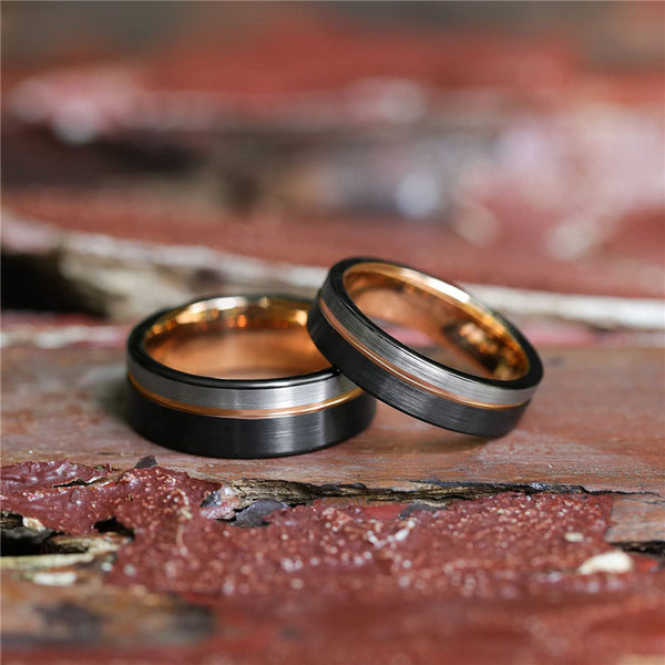 Two Tone Silver Black Rose Gold Tungsten Ring