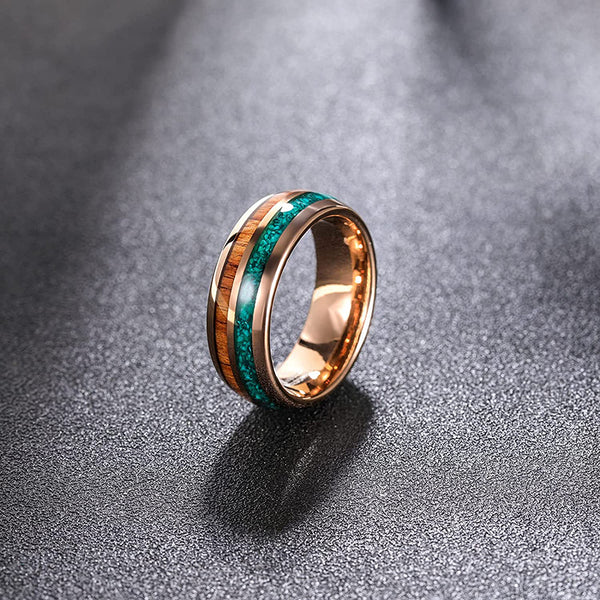 Turquoise & Wood Gold Tungsten Mens Ring