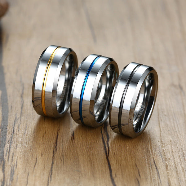 8mm Blue, Yellow or Charcoal Inlay Tungsten Carbide Mens Ring