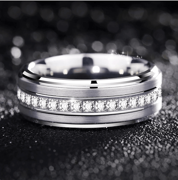 8mm Cubic Zirconias Silver Tungsten Mens Ring