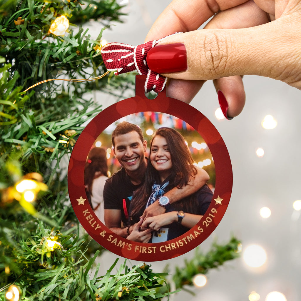 personalised couple's first christmas photo bauble