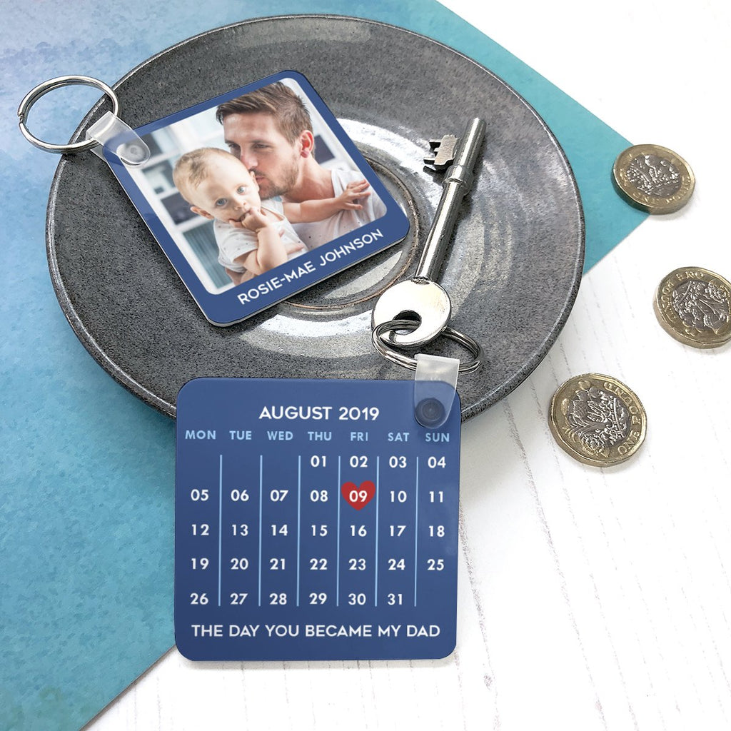 Personalised calendar keyring gift for new dad day the baby was born