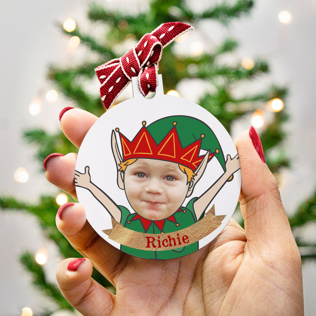 Personalised Elf Photo Family Christmas Bauble